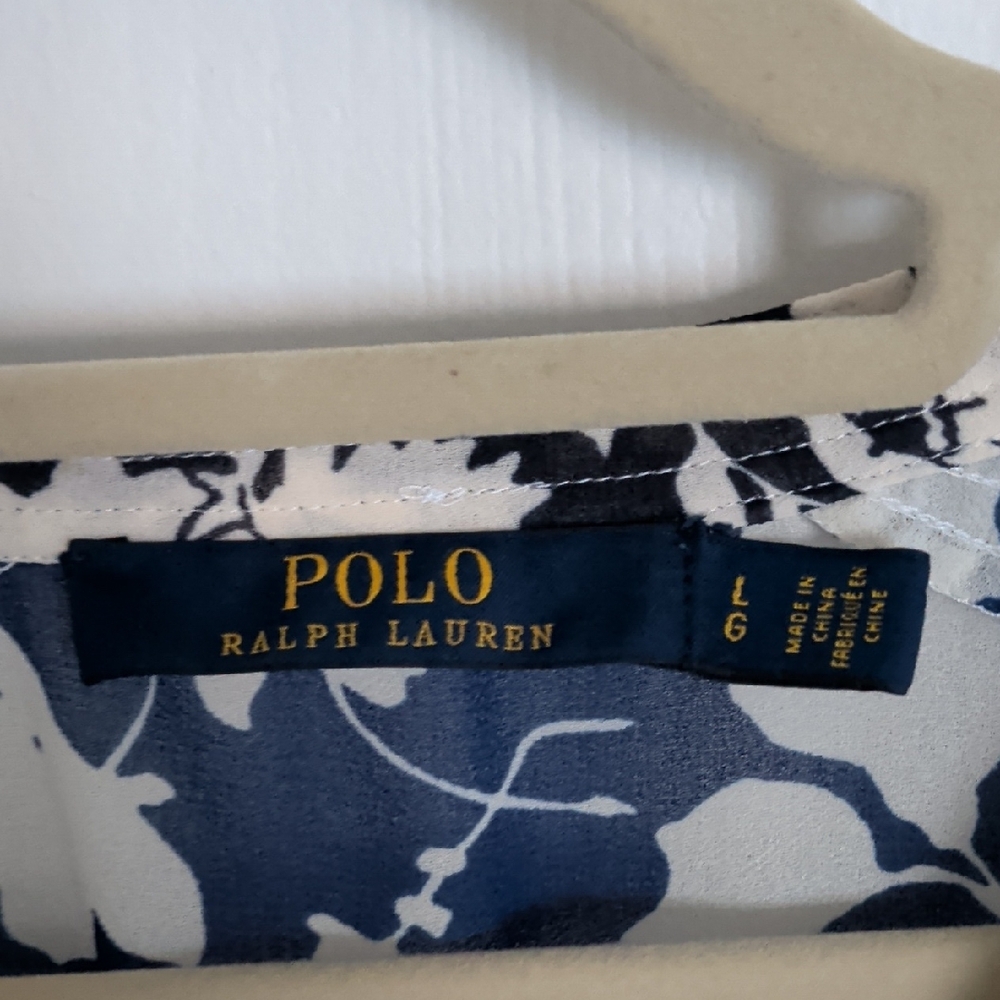 Ralph Lauren Navy and White Floral Split-Neck Flutter Sleeve Blouse - Picture 2 of 8